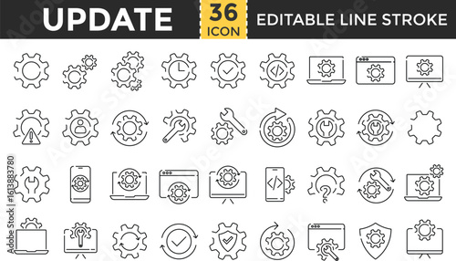 Update, Optimization and Upgrade Line Icon Set. Pixel perfect and Outline Editable Stroke Icons collection for Settings, System Install, Performance, Progress, and Technology