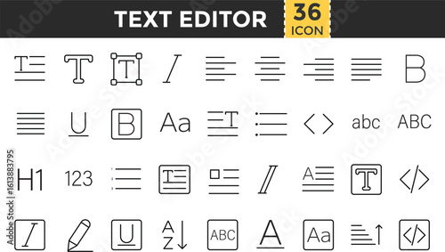 Text Editor Line Icon Set. Pixel perfect and Outline Editable Stroke Icons collection for Text, Writing, Paragraph, Font, Editor Tool, Formatting, and Typography
