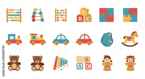 A colorful collection of classic children's toys in a flat design style, including various playthings.