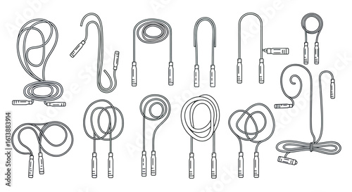 Monochrome line art jump ropes in various coiled and uncoiled poses