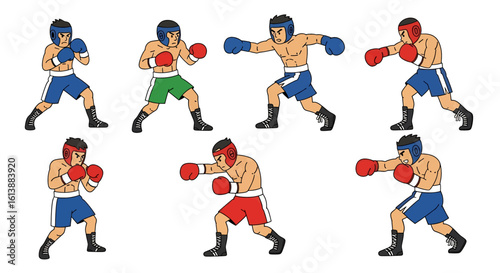 flat style illustration set of boxing players in various fighting stances, including jabs and uppercuts, showcasing the power and skill of combat sports