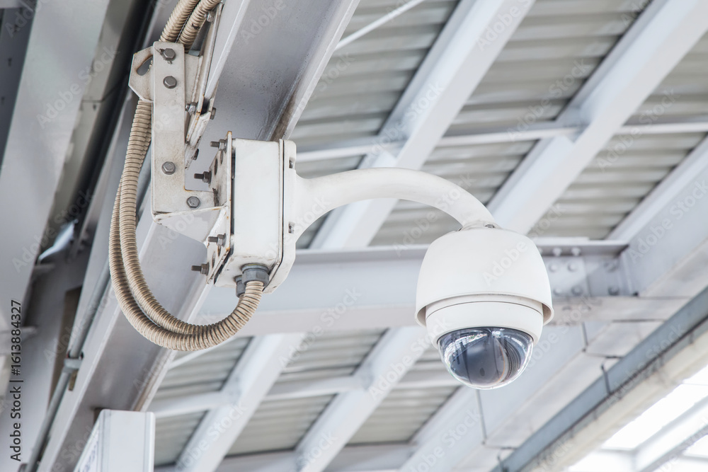 Naklejka premium The security camera in the skytrain station platform - Selective Focus