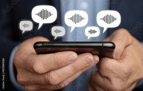 Close-up of hands holding a phone with audio message icons overlayed