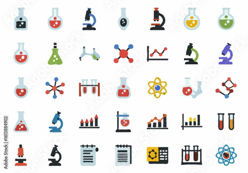 A colorful set of flat chemistry and science icons for laboratory work on a white background.