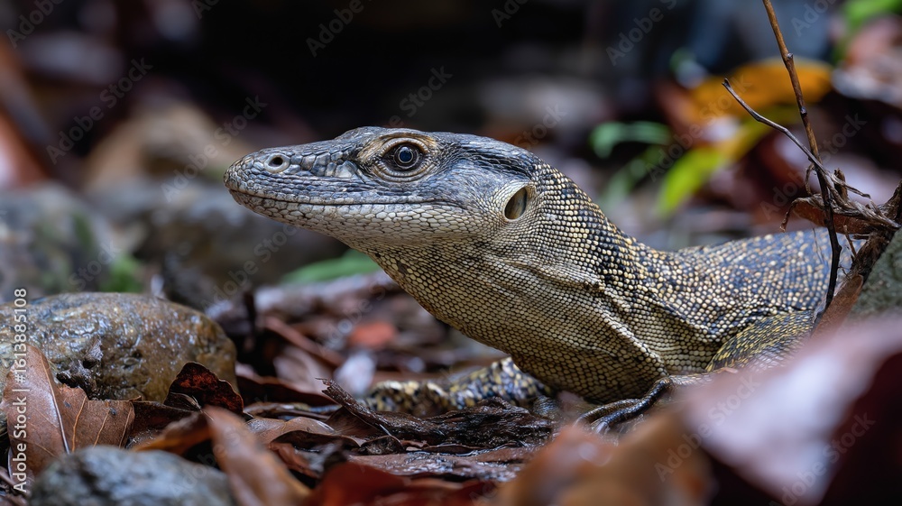 Obraz premium A lizard is seen among colorful fallen leaves in a vibrant forest, basking in sunlight.