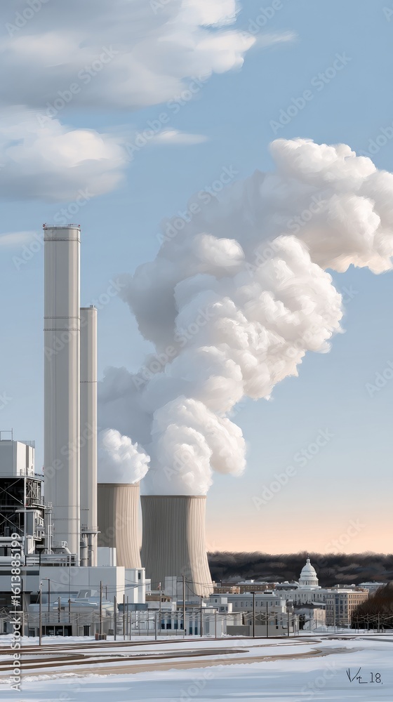 A stunning sunset casts warm hues over a contemporary power facility by a serene river, blending nature and technology beautifully A stunning sunset casts warm hues over a contemporary power facility by a serene river, blending nature and technology beautifully