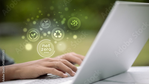 Sustainable Technology with Net Zero 2050 Concept and Laptop