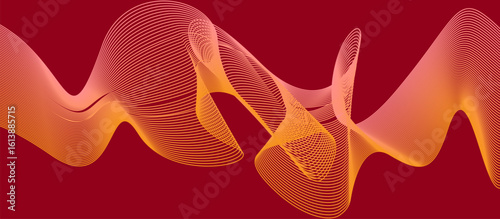 Horizontally Oriented Abstract Design with Flowing Wavy Ribbons in Light to Dark Orange-Red Gradient on Deep Red Background Featuring Textured Parallel Lines