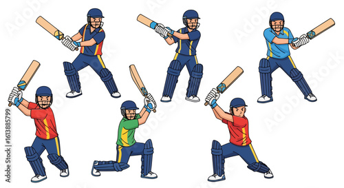 flat style illustration set of cricket players in various batting and fielding poses, capturing the dynamic action and competitive spirit of the sport