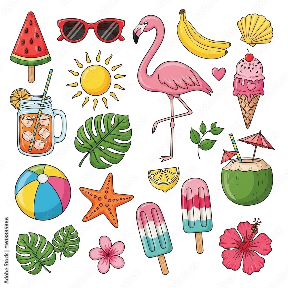 Fototapeta premium Colorful Cartoon Summer Elements Collection – Tropical Icons and Vacation Vibes on White Background