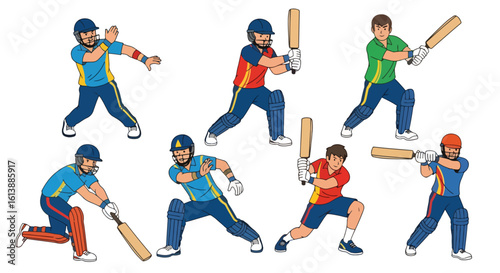 flat style illustration set of cricket players in various batting and fielding poses, capturing the dynamic action and competitive spirit of the sport
