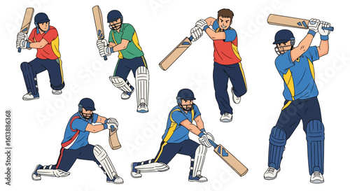 flat style illustration set of cricket players in various batting and fielding poses, capturing the dynamic action and competitive spirit of the sport