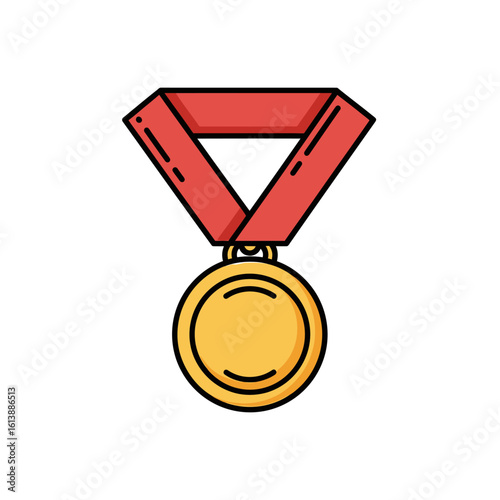 A graphic illustration of a winner's gold medal with a red neck ribbon.