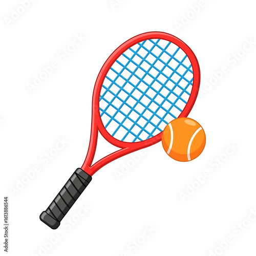 A red tennis racket with a blue net and an orange tennis ball, ready for a game.