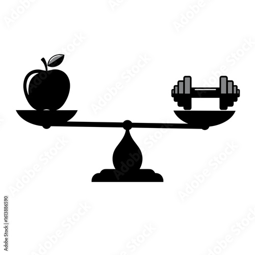 Scale balancing apple and dumbbell symbolizing health and fitness  