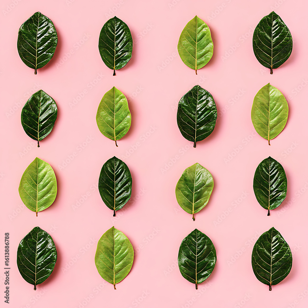 Fototapeta premium Arrangement of green leaves on a pink background isolated on white background