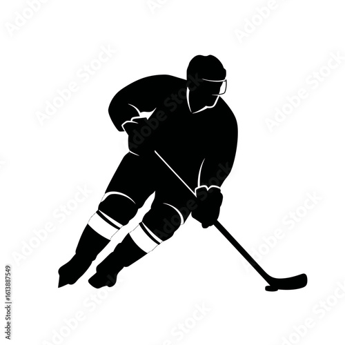 Silhouette of a hockey player skating with the puck, in action, isolated on white background.