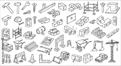 Detailed collection of various black and white line art illustrations depicting essential construction tools, building materials, heavy equipment, and worksite elements.
