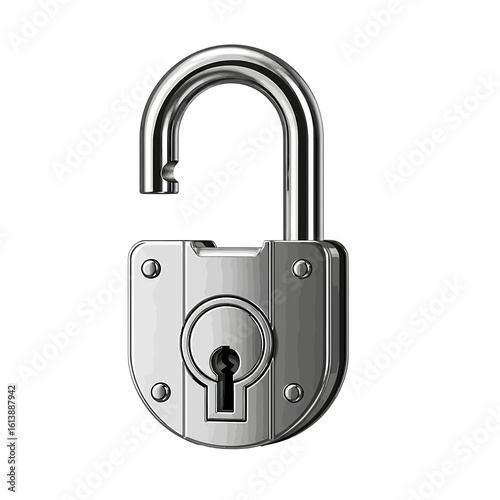 A metallic padlock, open and unlocked, isolated on a white background.