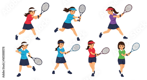flat style illustration set of female tennis players in various dynamic poses like serving, forehand, and backhand shots, showcasing the energy and skill of the sport
