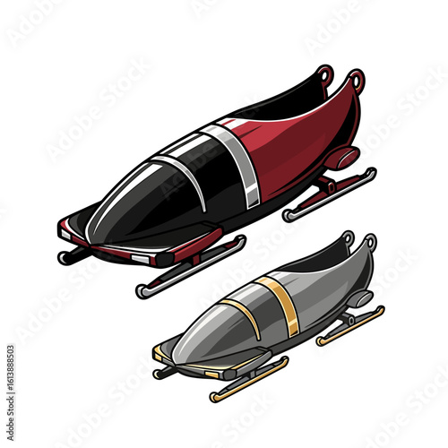 Two illustrated bobsleds for winter sports, one red and black and the other grey and gold, on a white background.