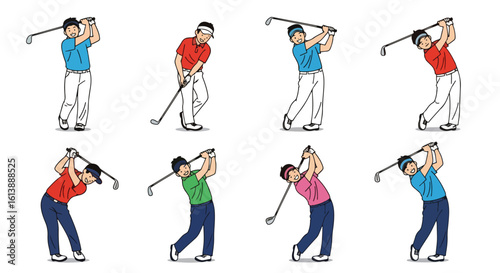 
flat style illustration set of golf players performing various swings and stances, capturing the elegance and focus of the sport on the green