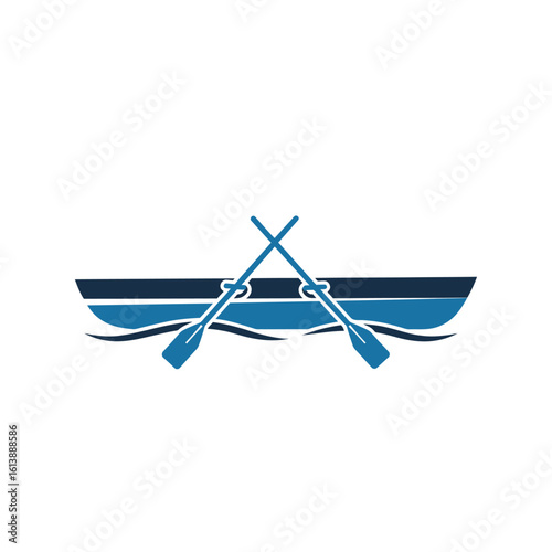A simple blue rowboat with two crossed oars, depicted floating on stylized waves.