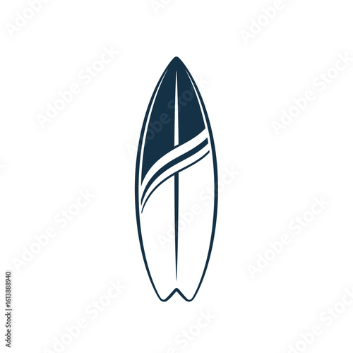 Stylish surfboard design, dark blue and white, ocean wave graphic.
