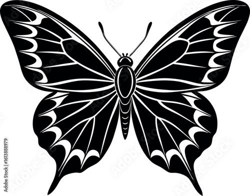 Minimalist butterfly silhouette design.
A clean, elegant vector graphic featuring a minimalist silhouette of a butterfly, ideal for various design applications.