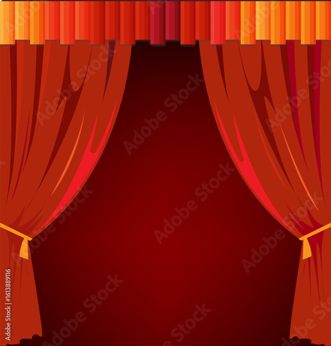 Vibrant red stage curtain with flowing fabric and orange-yellow striped top border, partially open to reveal dark background, evoking a dramatic and theatrical presentation scene.
