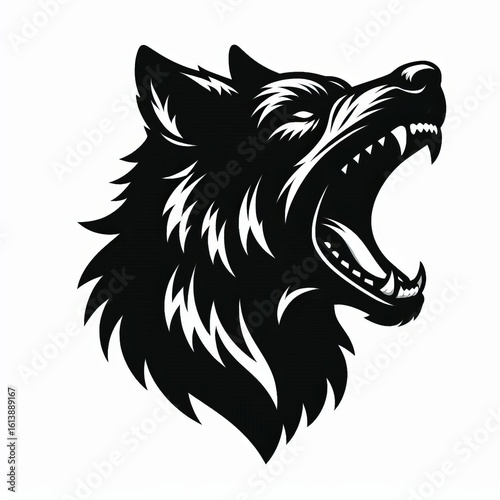 Fierce black wolf head roaring with sharp teeth and glowing eyes