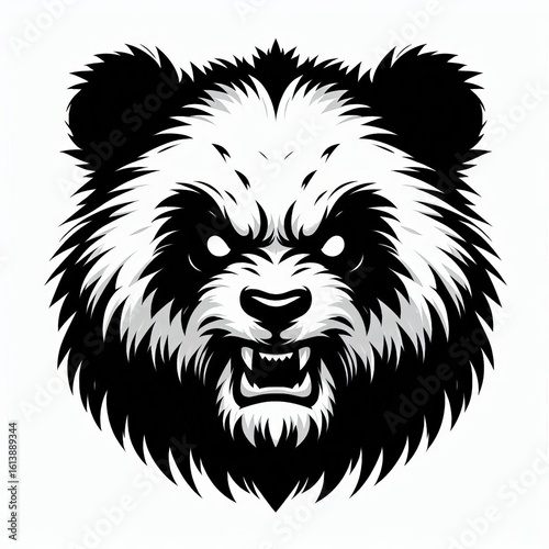 Fierce panda bear head illustration with sharp teeth and intense eyes