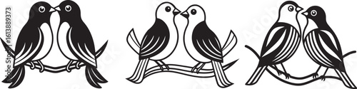 A stylized black and white illustration of two birds positioned closely together on a branch.