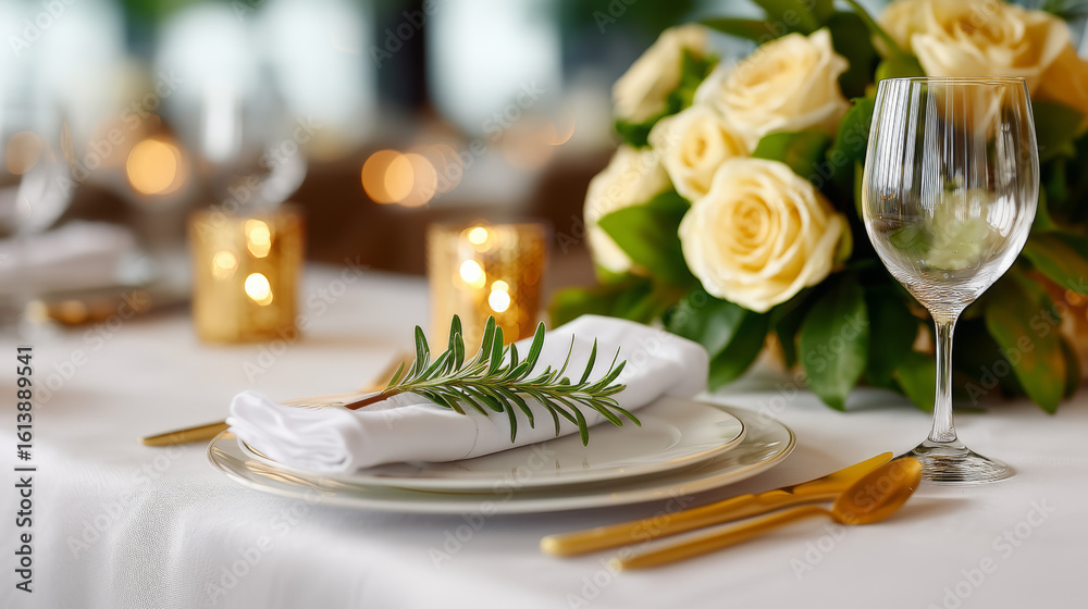 Elegant Table Setting with Cream Roses and Gold Accents Elegant Table Setting with Cream Roses and Gold Accents