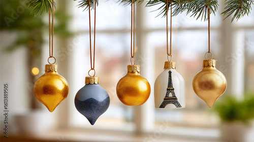 Elegant Gold and Blue Christmas Ornaments Hanging from Pine Branch