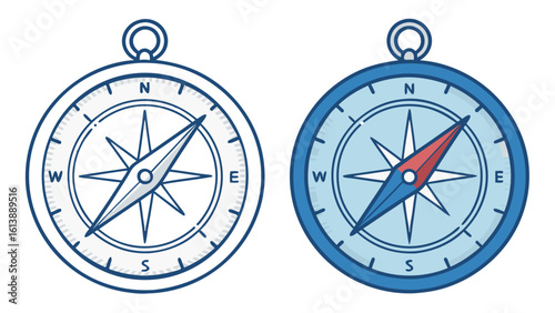 Compass Direction Icons in Outline and Solid Blue Vector Style