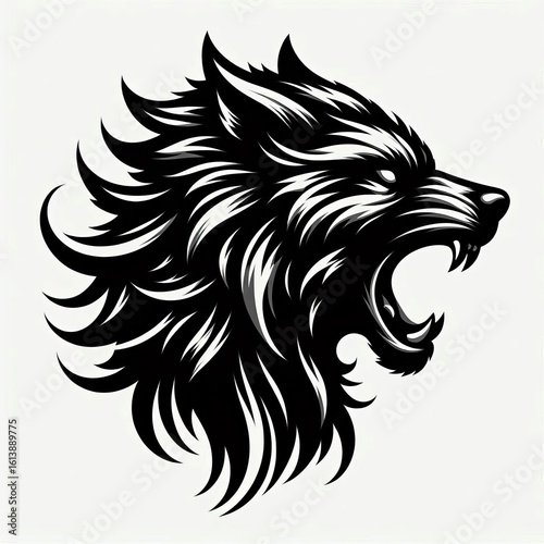 Fierce black wolf head roaring with sharp teeth and glowing eyes