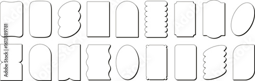 Playful linear geometric frames, retro groovy shapes with cartoon drop shadow. Funky oval and arch shape borders, modern aesthetic decorative frame, bold comic style outline design element vector set