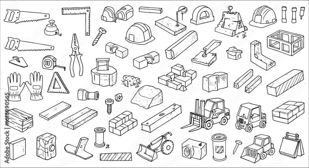 Obraz premium Extensive collection of hand-drawn construction tools, building materials, and heavy machinery, including saws, bricks, rocks, hard hats, forklifts, and more.