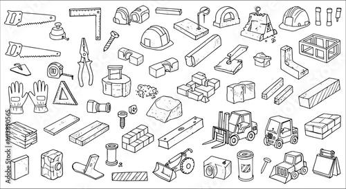 Extensive collection of hand-drawn construction tools, building materials, and heavy machinery, including saws, bricks, rocks, hard hats, forklifts, and more.