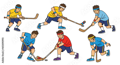 flat style illustration set of field hockey players in various dynamic action poses, including hitting, dribbling, and tackling, capturing the energy of the sport