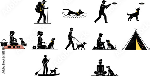 Dog outdoor activities icons hiking swimming playing fetch