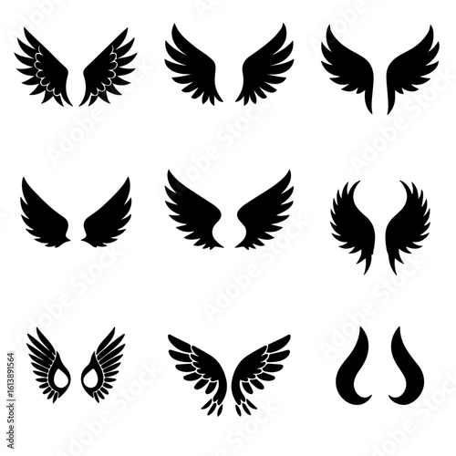 Stylized Black Wing Silhouette Set – Vector Feather Designs for Tattoos & Graphics