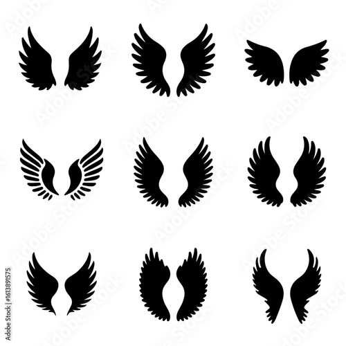 Elegant Black Wings Clipart – Stylized Feather Silhouettes for Graphic Designers