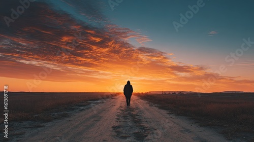 Silhouette figure walks country road at sunrise