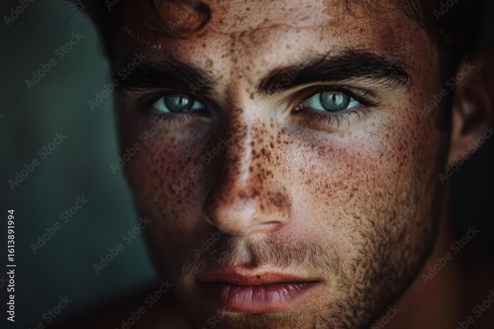 Close up portrait highlighting the intense green eyes and freckled complexion of a confident young man Close up portrait highlighting the intense green eyes and freckled complexion of a confident young man
