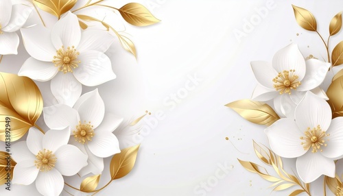 Elegant floral arrangement with gold accents minimalist design digital art white background close-up view nature inspiration