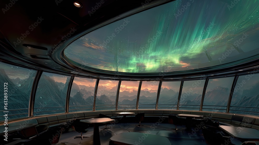 Obraz premium Circular room, aurora borealis, mountain view