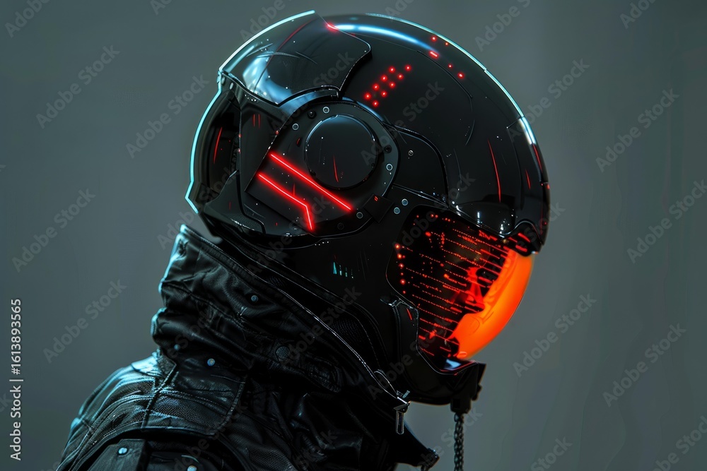 Fototapeta premium Cyberpunk motorcyclist wearing futuristic helmet with glowing visor and red lights