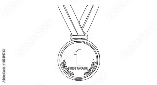 Outline of first place medal with ribbon and laurel design  